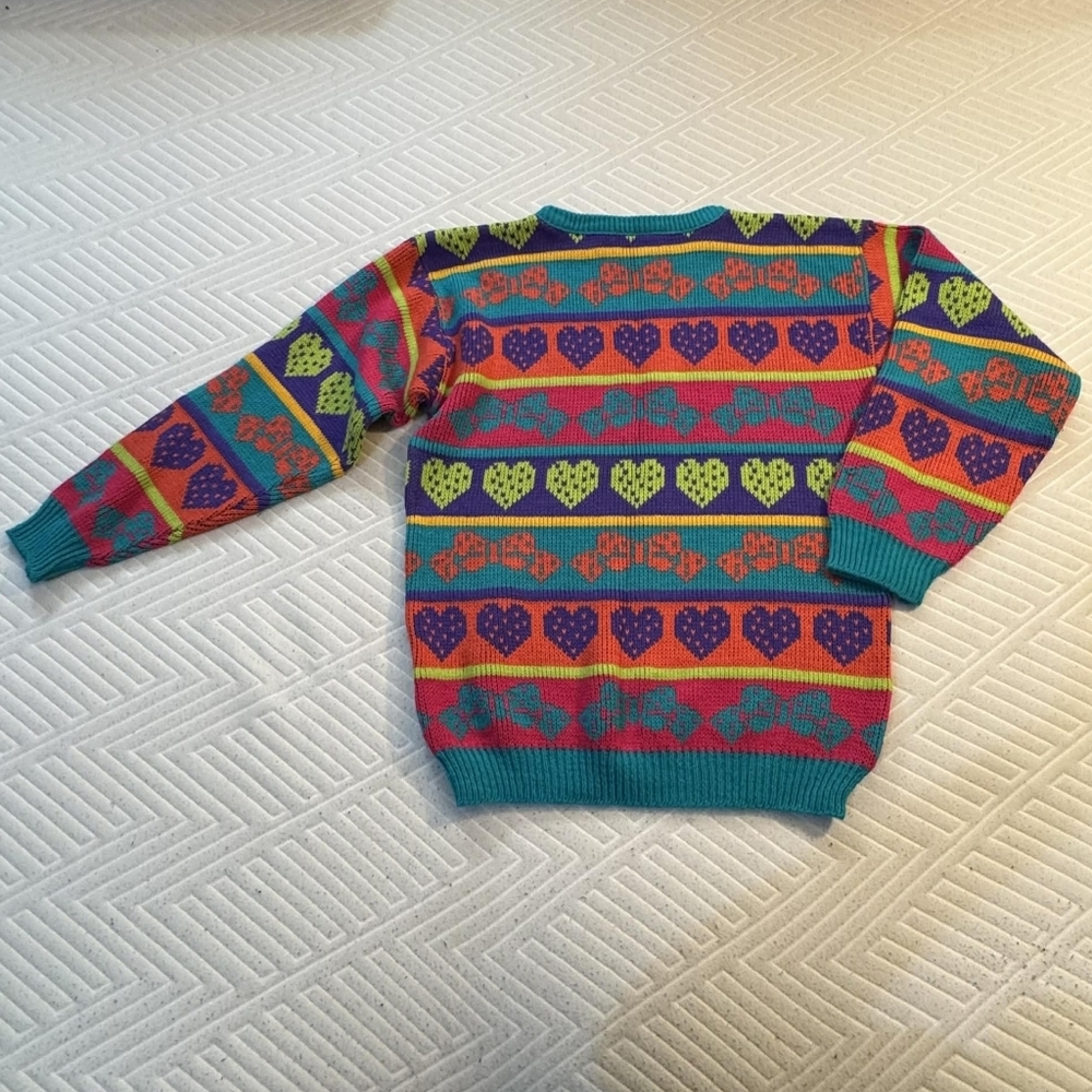 Vintage 1990s Jet Set Girls Sweater Size XL USA Made Fairisle Hearts Bows EUC - Picture 2 of 5